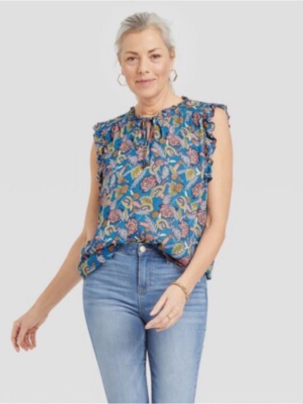 Knox Rose Blue Floral Ruffle Sleeve Tie-Neck Blouse XXL - Picture 2 of 11